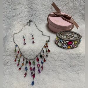 Abiste Multicolor Crystal Bib Necklace, Earrings & Bracelet Set in Silvertone